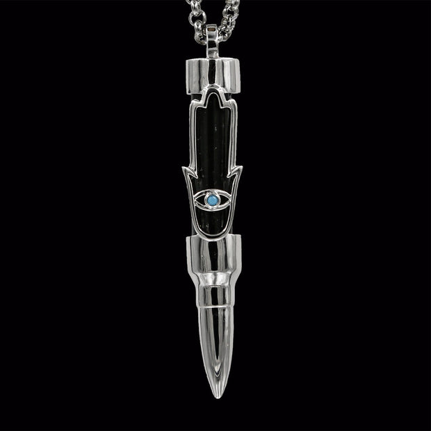 Healing Hamsa on Obsidian Stone - Silver