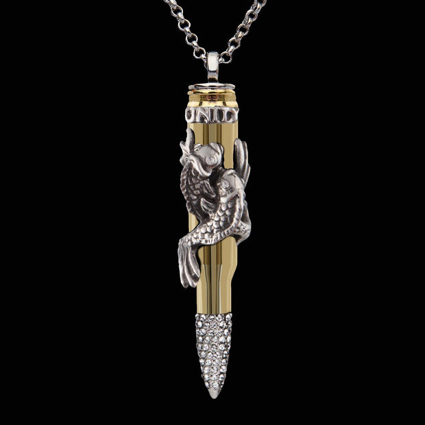 swarovski koi fish, swarovski pisces, stanless steel pisces pendant, fish pendant, unity pendant, pisces pendant, pisces necklace, pisces jewelry, bullet jewelry, Sterling Silver Bullet, bullets 4 peace, bullet pendant,