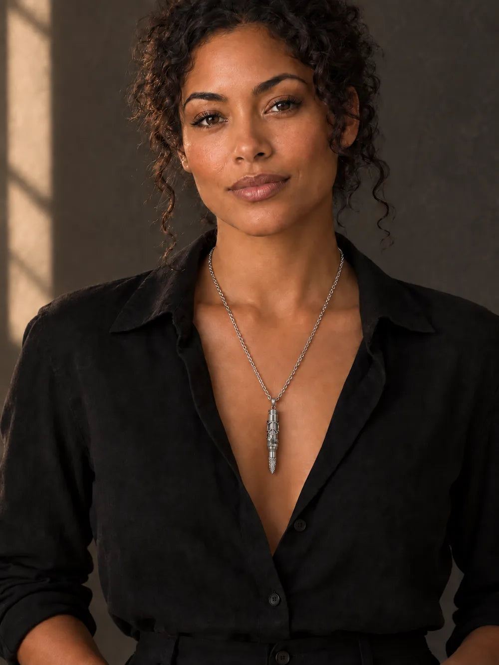 AI-generated female model wearing the Pure Let Peace Out pendant