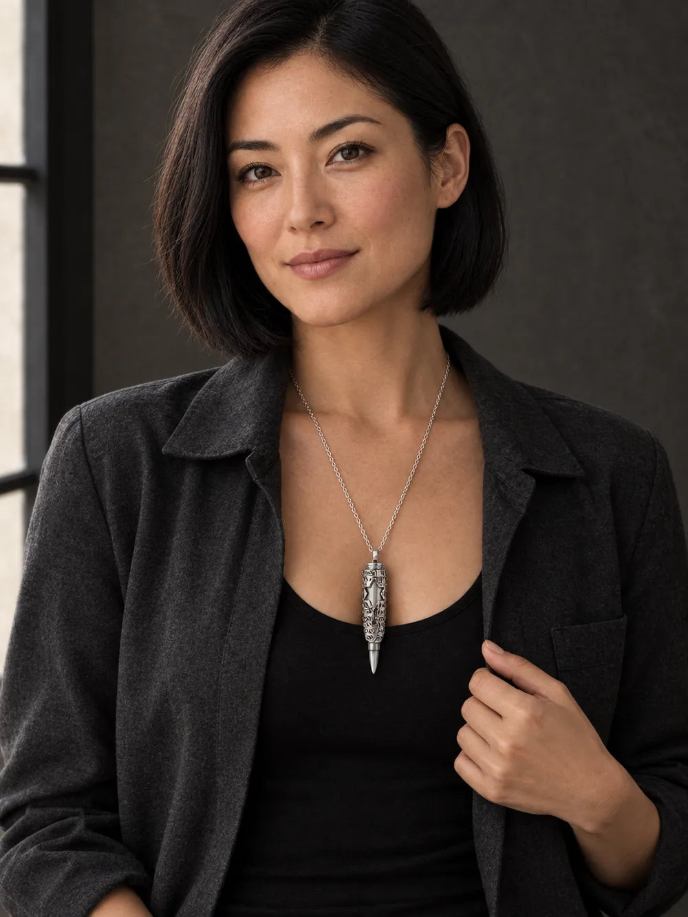 AI-generated female model wearing the Pure Jewish Prayer stainless steel pendant