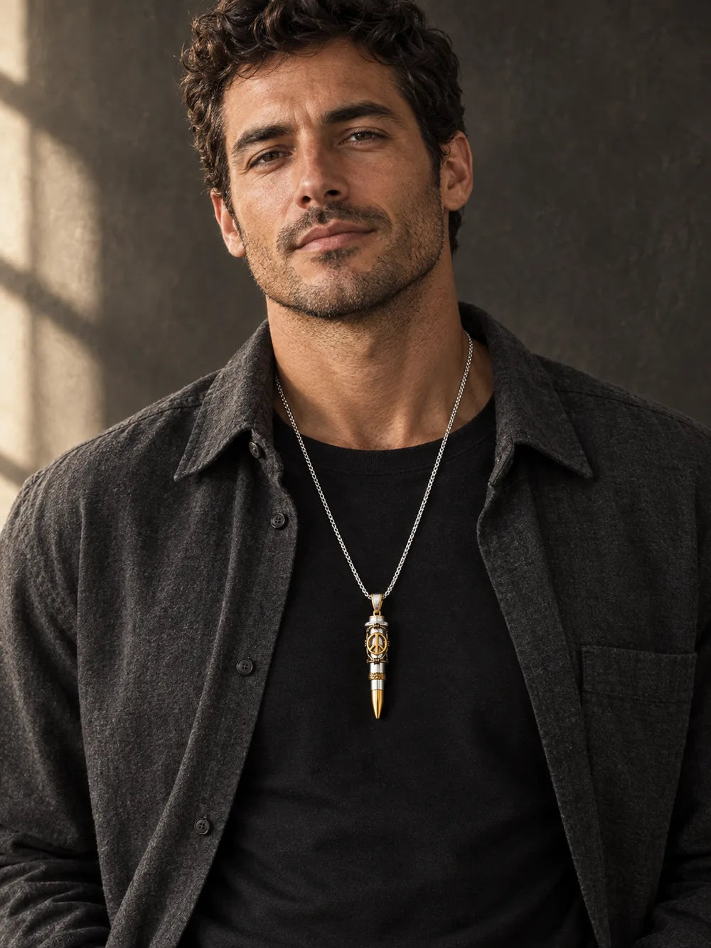 AI-generated male model wearing the Signature Let Peace Out gold and silver pendant