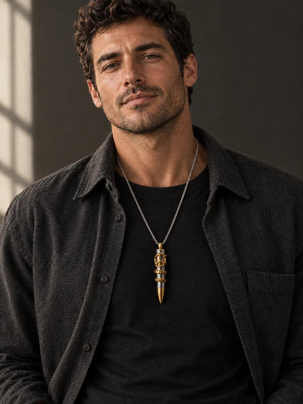 AI-generated male model wearing the Signature Let Peace Out gold and silver pendant